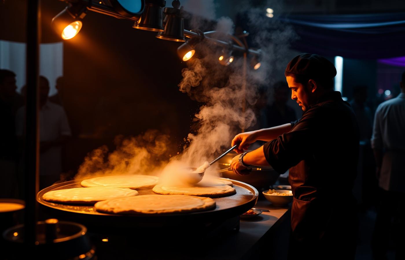 Live dosa catering station with a chef making dosas on a large griddle